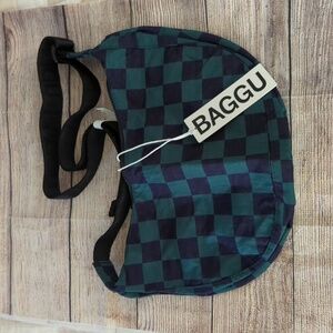 BAGGU Medium Crescent Nylon Bag Navy Green Check